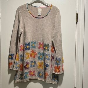 Amano Beige HandKnit  Multi Colored Floral Nd Crew Neckline Sweater or Tunic
